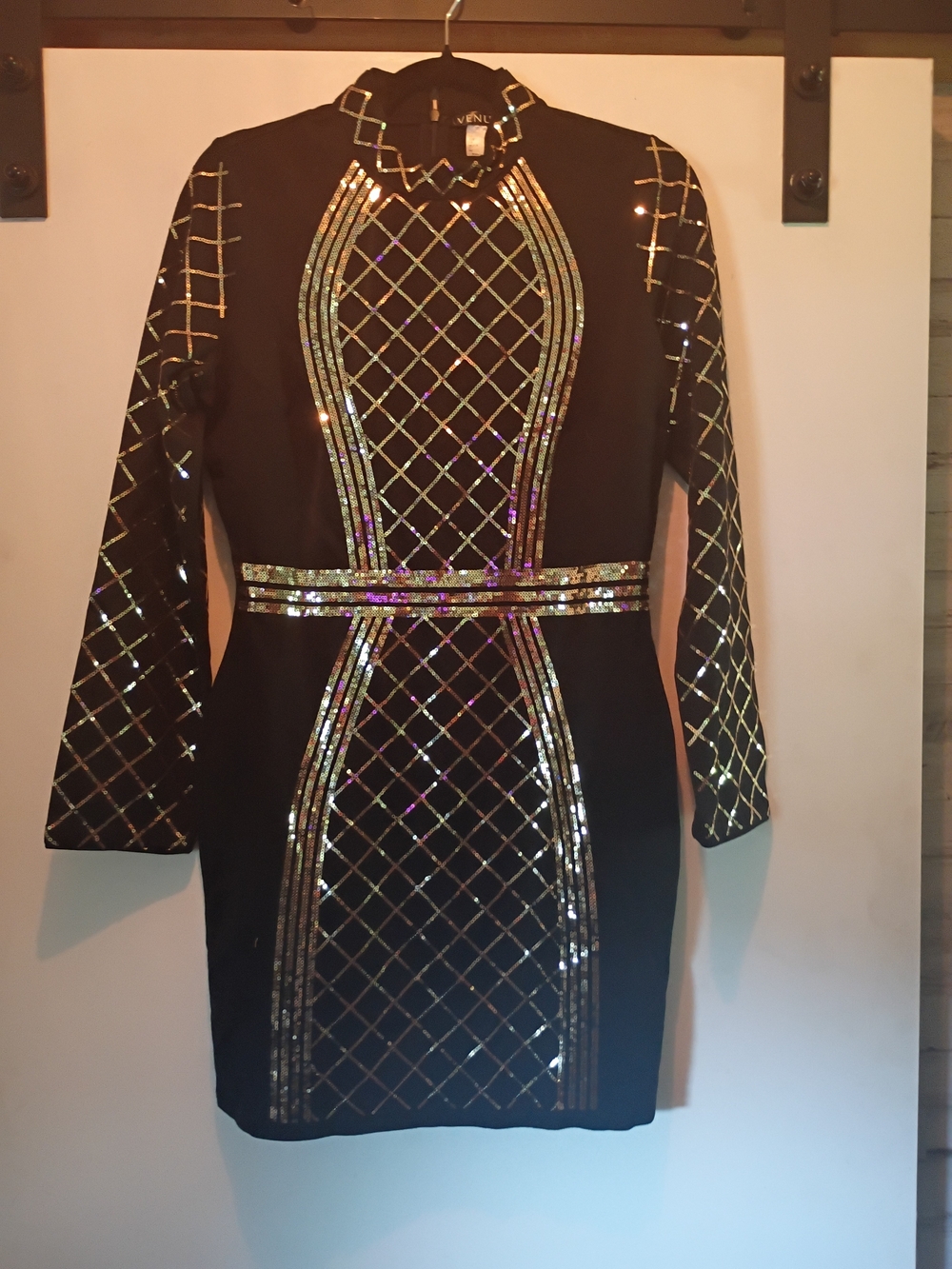 VENUS Black Mini Dress with Gold Sequin Grid Accents - Picture 2 of 8